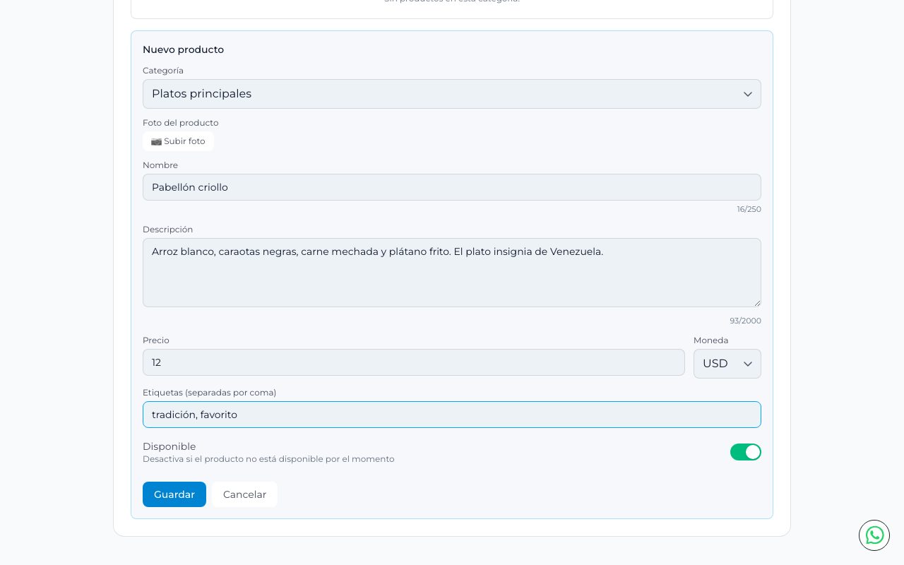 Formulario de nuevo producto con nombre, descripción, precio y etiquetas completados