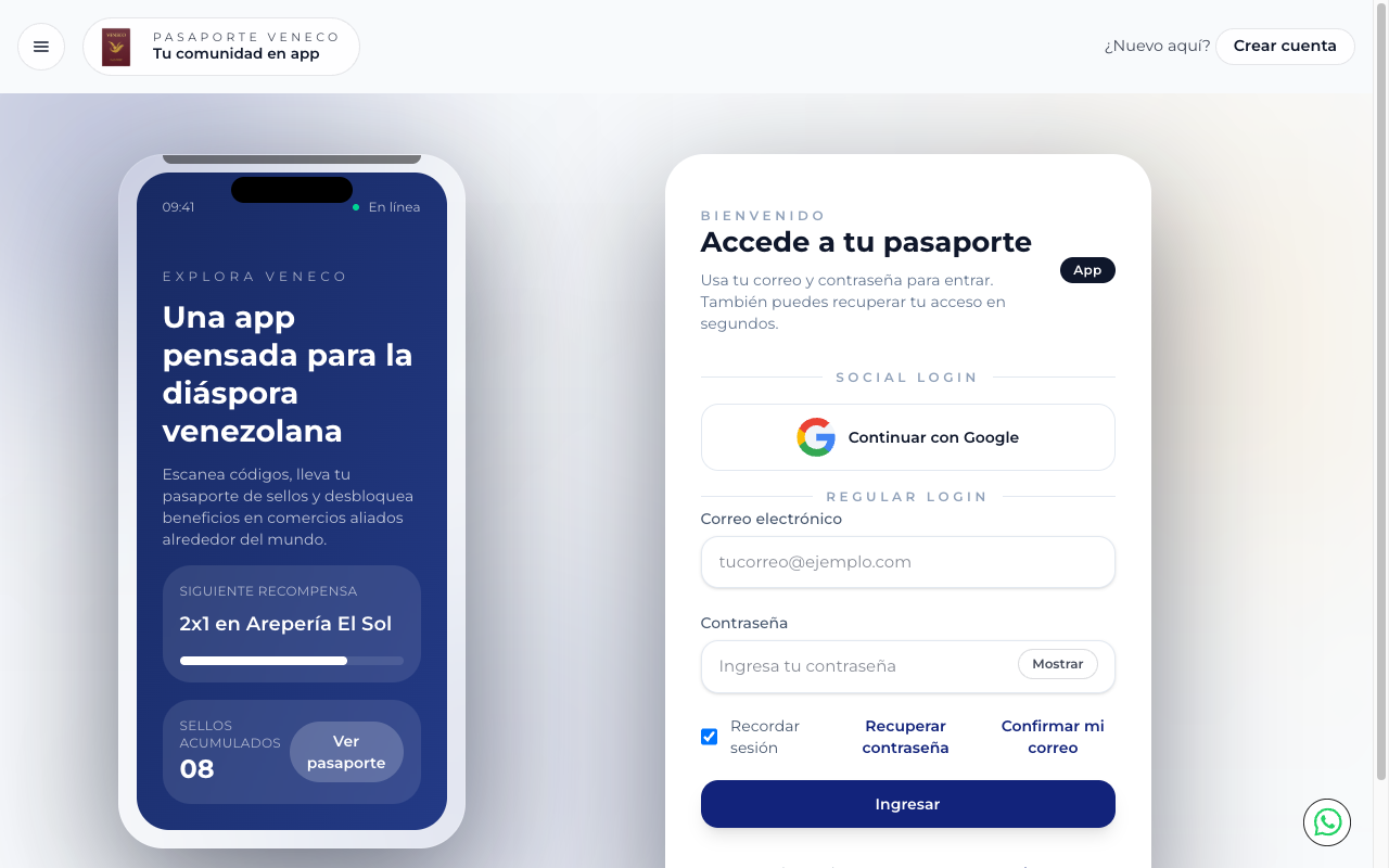 Pantalla de inicio de sesión de Pasaporte Veneco