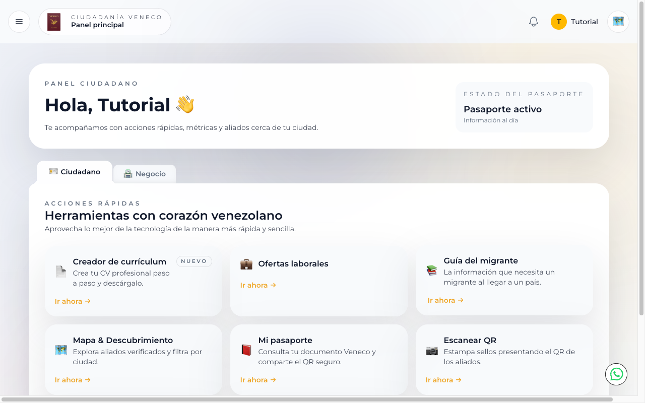 Panel ciudadano de Pasaporte Veneco con la pestaña Negocio visible