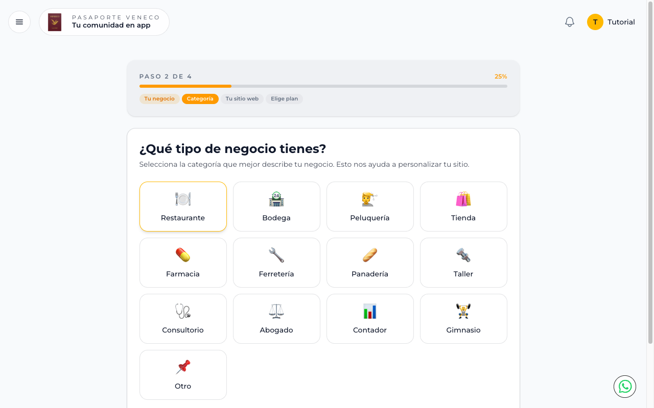 Pantalla de selección de categoría del negocio