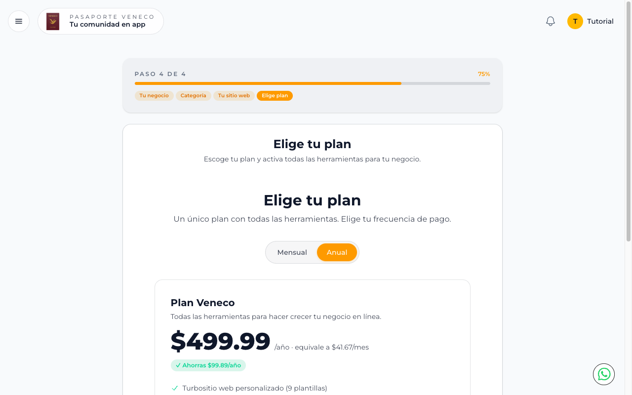 Pantalla de selección del plan Veneco con opciones mensual y anual