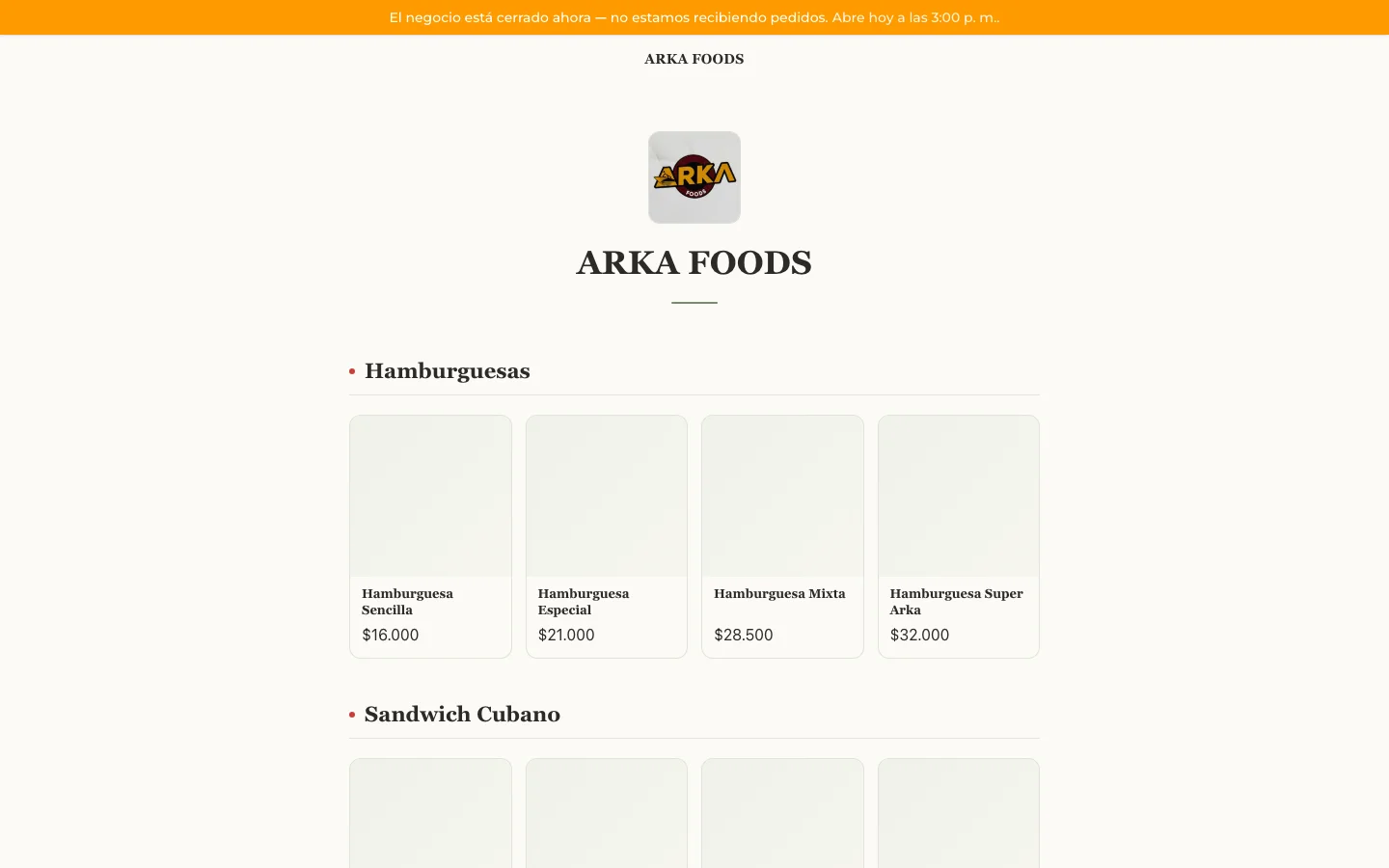 Menú digital de ARKA FOODS